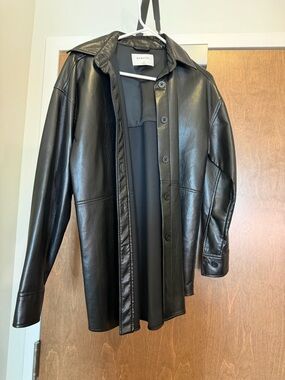 Babaton Black Leather Button-Front Shirt Jacket